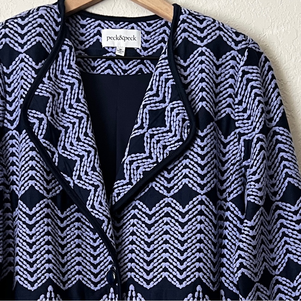 Peck & Peck Statement Knit Jacket Blazer Navy Blue Periwinkle Floral Boh… - Picture 3 of 10